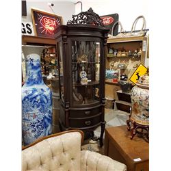 MAGNIFICENT CARVED ASIAN DISPLAY CABINET WITH CURVED GLASS DOOR 27.5"W X 18"D X 7'4"H