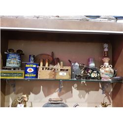 SHELF OF 23 PCS VINTAGE TINS AND TREEN WARE