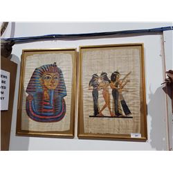 PAIR HAND PAINTED EGYPTIAN PAINTINGS ON PAPYRUS SIGNED 19" X 27"