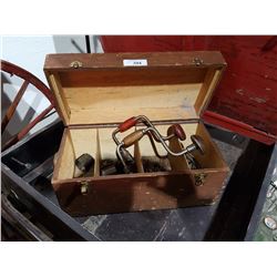 WOOD CARPENTER BOX W/MISC DRILL BITS AND 2 HAND DRILLS