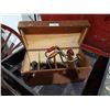 Image 1 : WOOD CARPENTER BOX W/MISC DRILL BITS AND 2 HAND DRILLS