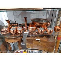 SHELF OF 31 PCS OF COPPERWARE