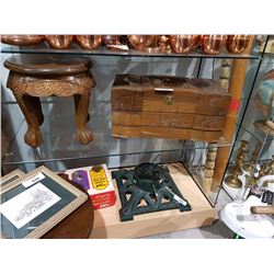 ASIAN CARVED JEWELRY BOX AND SMALL STOOL