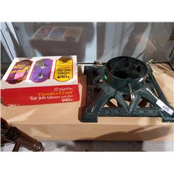 GREEN CAST IRON CHRISTMAS TREE STAND & CASE OF VINTAGE JELLY JARS