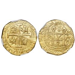 Lima, Peru, cob 8 escudos, 1709M, NGC MS 63, ex-1715 Fleet (designated on label).