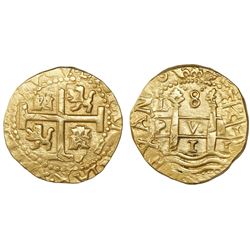 Lima, Peru, cob 8 escudos, 1711M, NGC AU 58, ex-1715 Fleet (designated on label).