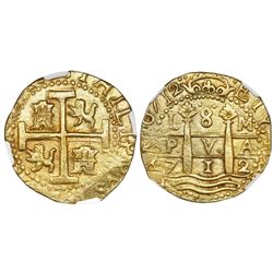 Lima, Peru, cob 8 escudos, 1712M, NGC MS 63, ex-1715 Fleet (designated on label).