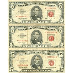 1963 $5 VG/XF Red Seal Note Lot of 3