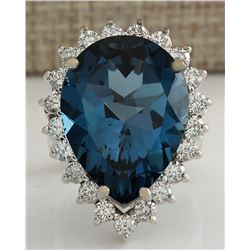 17.36Ct Natural London Blue Topaz And Diamond Ring In14K Solid White Gold
