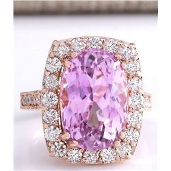 12.33CTW Natural Kunzite And Diamond Ring 14K Solid Rose Gold