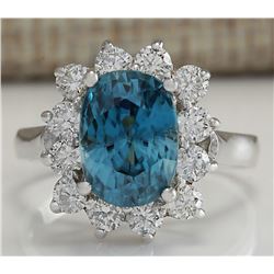 6.07CTW Natural Blue Zircon And Diamond Ring 14K Solid White Gold