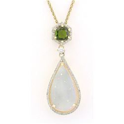 8.39 CTW Natural Opal Tsavorite Diamond Pendant In 14k Solid Yellow Gold