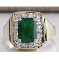3.16CTW Natural Emerald And Diamond Ring 14K Solid Yellow Gold