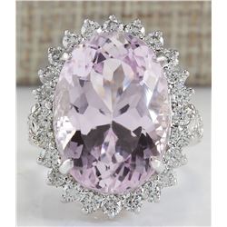22.00CTW Natural Kunzite And Diamond Ring In 14K White Gold