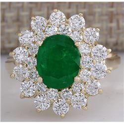 3.11CTW Natural Emerald And Diamond Ring 14K Solid Yellow Gold