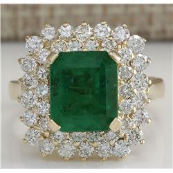 5.51CTW Natural Emerald And Diamond Ring 14K Solid Yellow Gold