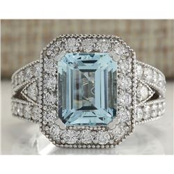 4.67CTW Natural Aquamarine And Diamond Ring In 14K Solid White Gold