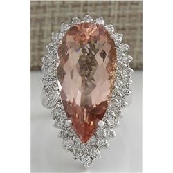 13.05CTW Natural Peach Morganite And Diamond Ring In 14K Solid White Gold