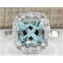 4.17CTW Natural Blue Aquamarine And Diamond Ring 14K Solid White Gold