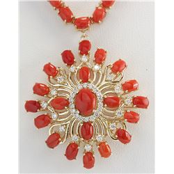 53.01CTW Natural Red Coral And Diamond Necklace In 14K Yellow Gold