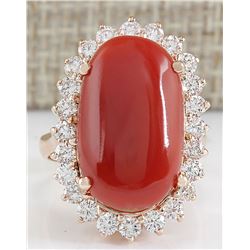 12.10CTW Natural Red Coral And Diamond Ring In 14K Rose Gold