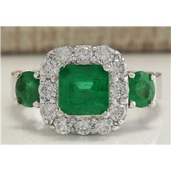 3.24CTW Natural Emerald And Diamond Ring 14K Solid White Gold