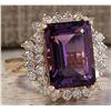 Image 2 : 6.53CTW Natural Amethyst And Diamond Ring In 14K Solid Yellow Gold