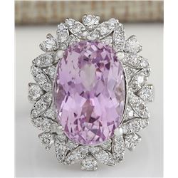 12.00CTW Natural Kunzite And Diamond Ring 14K Solid White Gold