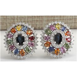 8.55CTW Natural Sapphire And Diamond Earrings 14K Solid White Gold