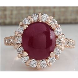 5.42CTW Natural Ruby Cabochon And Diamond Ring 14K Solid Rose Gold