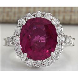 6.92 CTW Natural Rubelite And Diamond Ring In14k White Gold