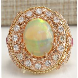 7.71 CTW Natural Opal And Diamond Ring In 14k Solid Yellow Gold