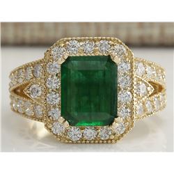 3.29CTW Natural Emerald And Diamond Ring 14K Solid Yellow Gold