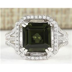 6.00 CTW Natural Green Tourmaline And Diamond Ring 14k Solid White Gold