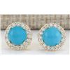 Image 1 : 3.65 CTW Natural Blue Turquoise And Diamond Earrings 14k Solid Yellow Gold