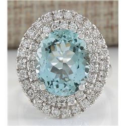 7.44CTW Natural Blue Aquamarine Diamond Ring 14K Solid White Gold