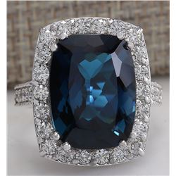 13.24Ct Natural London Blue Topaz And Diamond Ring In14K Solid White Gold