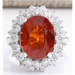 12.03CTW Natural Mandarin Garnet And Diamond Ring 14K Solid White Gold