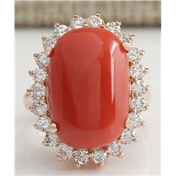 10.18CTW Natural Red Coral And Diamond Ring 14K Solid Rose Gold