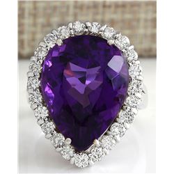 14.96CTW Natural Amethyst And Diamond Ring In 14K Solid White Gold