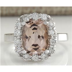 3.76CTW Natural Peach Morganite And Diamond Ring In 14K Solid White Gold