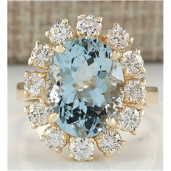 6.71CTW Natural Aquamarine And Diamond Ring 14K Solid Yellow Gold