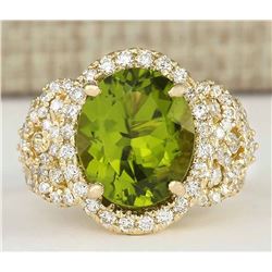 8.02 CTW Natural Peridot And Diamond Ring In 14k Yellow Gold