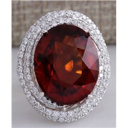 20.25Ct Natural Hessonite Garnet And Diamond Ring In 14K White Gold