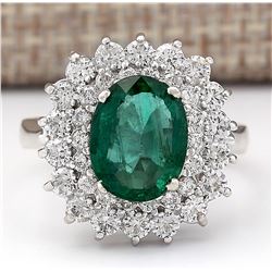 3.98 CTW Natural Emerald And Diamond Ring In 14k White Gold