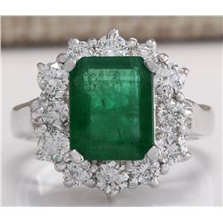 3.49CTW Natural Emerald And Diamond Ring 14K Solid White Gold