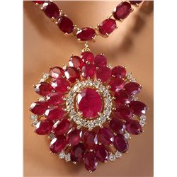 65.00CTW Natural Ruby And Diamond Necklace In 14K Yellow Gold