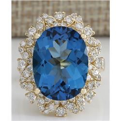 12.07Ct Natural London Blue Topaz And Diamond Ring In14K Solid Yello Gold