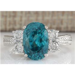 7.07CTW Natural Blue Zircon And Diamond Ring 14K Solid White Gold