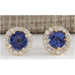3.65 CTW Natural Blue Tanzanite And Diamond Earrings 14k Solid Yellow Gold